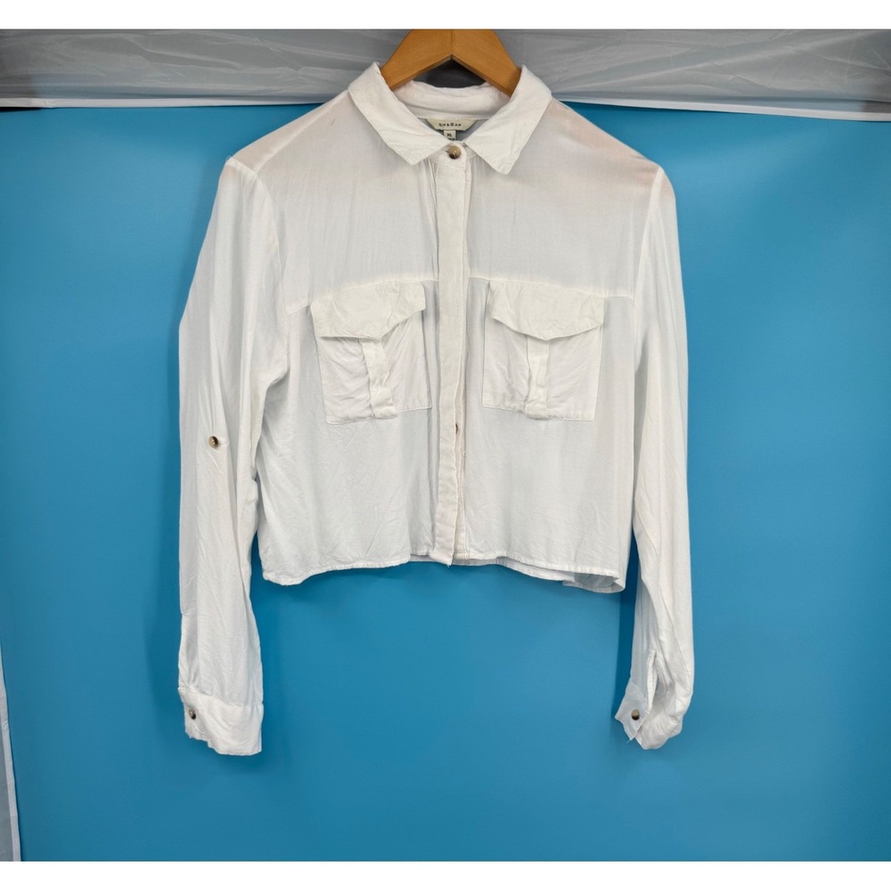 SIM & SAM Women‎ White Cropped Button Up Shirt Long Sleeve Two Pocket XL Casual